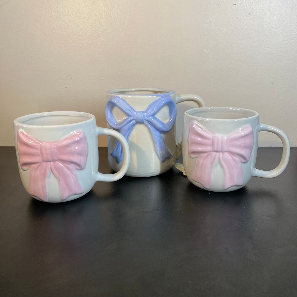 Viral Coquette Bow Mug 3-Piece Set 🎀 Pastel Pink & Blue Ceramic Mugs